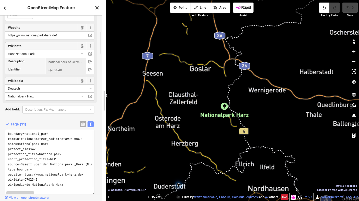 Reale Ansicht des Rapid-OSM-Editors mit ausgewähltem Nationalpark Harz und sichtbarem POTA-Tag DE-0069