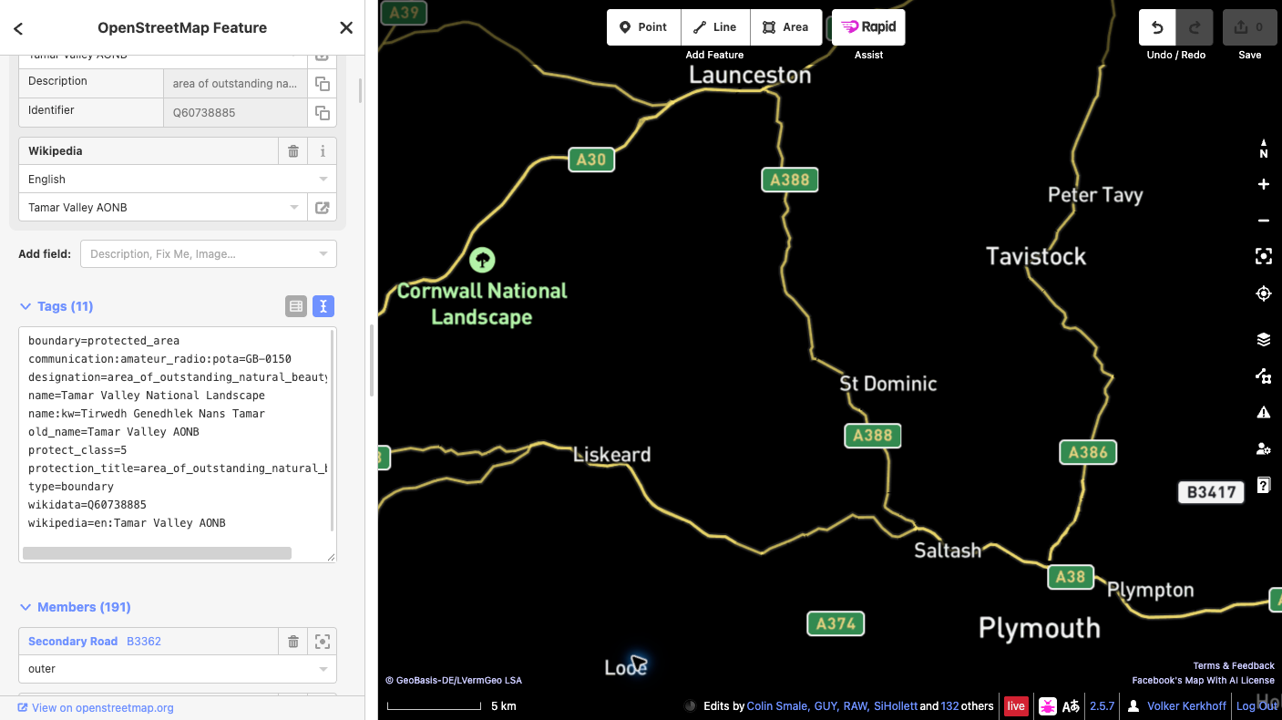 Real Rapid OSM editor view with Tamar Valley National Landscape selected and the GB-0150 POTA tag visible